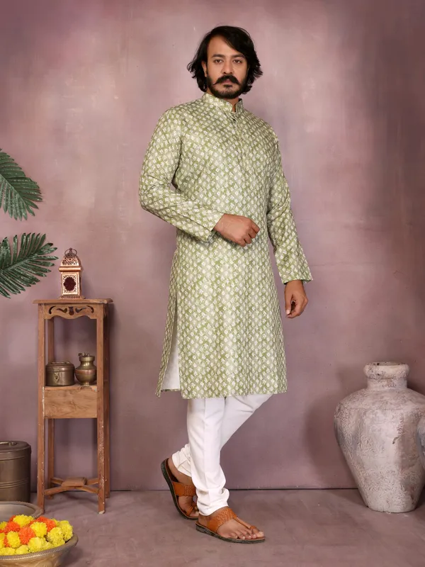 lime_green-_Star_Silk_Straight_Embroidered_Kurta_For_Men