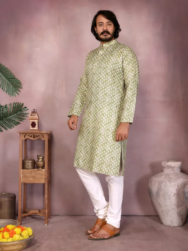 lime_green-_Star_Silk_Straight_Embroidered_Kurta_For_Men