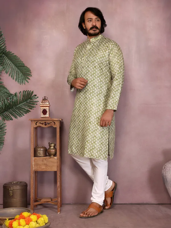 lime_green-_Star_Silk_Straight_Embroidered_Kurta_For_Men
