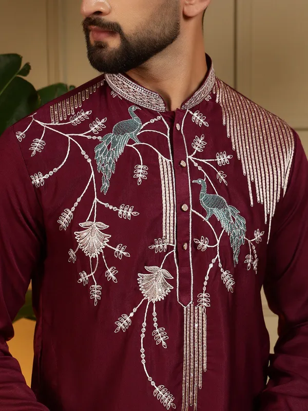 maroon-_Star_Silk_Straight_Embroidered_Kurta_For_Men