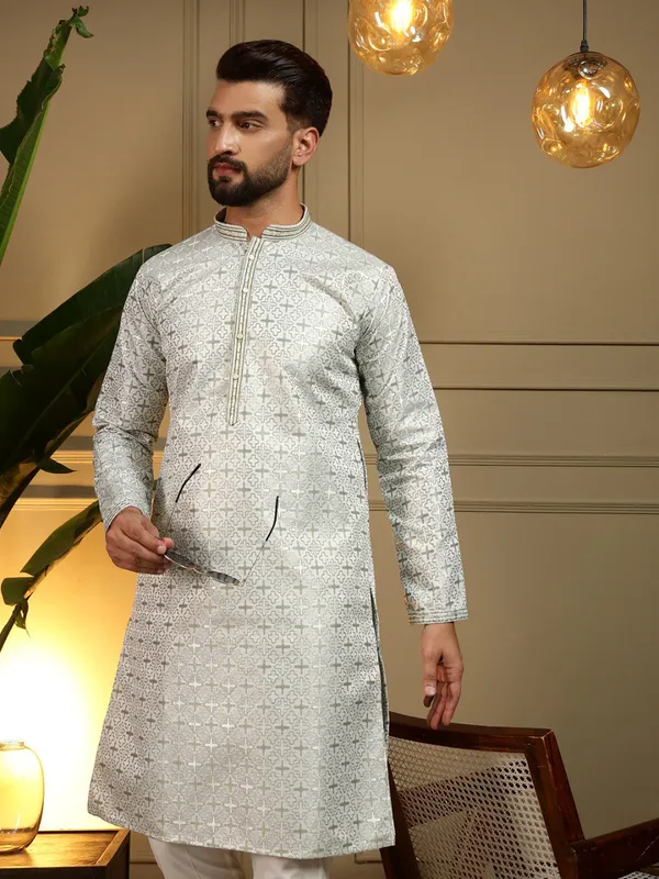 mint_green-_Star_Silk_Straight_Embroidered_Kurta_For_Men