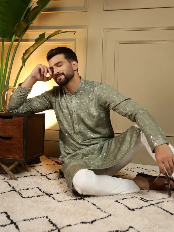 mint_green-_Star_Silk_Straight_Embroidered_Kurta_For_Men