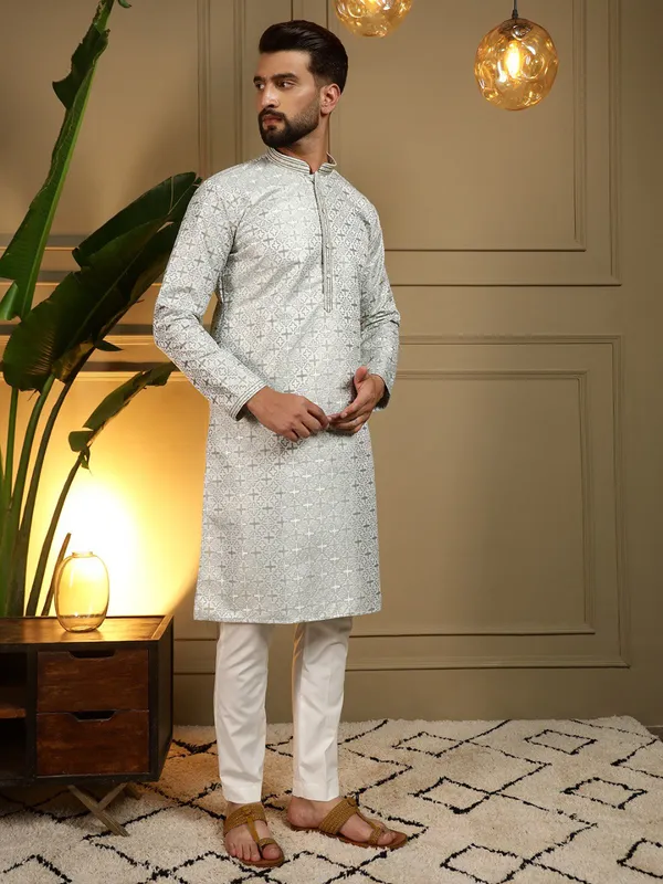 mint_green-_Star_Silk_Straight_Embroidered_Kurta_For_Men