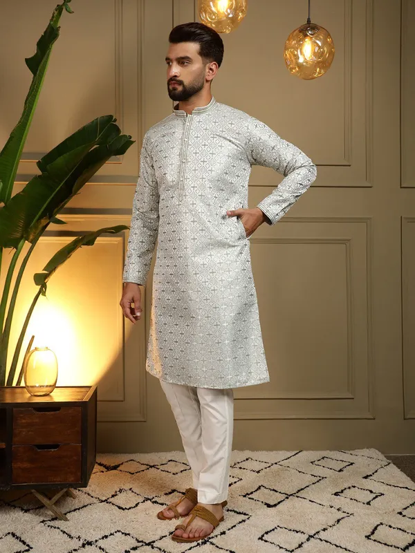 mint_green-_Star_Silk_Straight_Embroidered_Kurta_For_Men