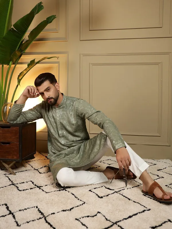 mint_green-_Star_Silk_Straight_Embroidered_Kurta_For_Men