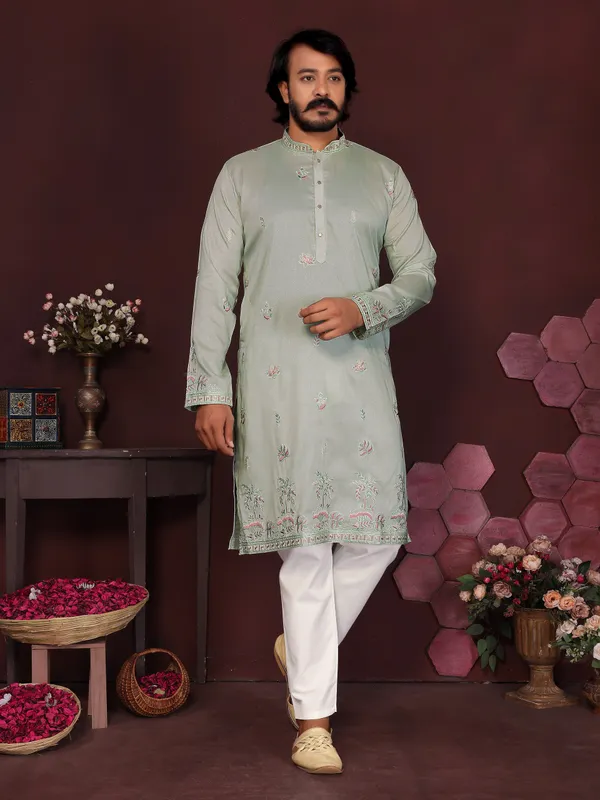 mint_green-_Star_Silk_Straight_Embroidered_Kurta_For_Men