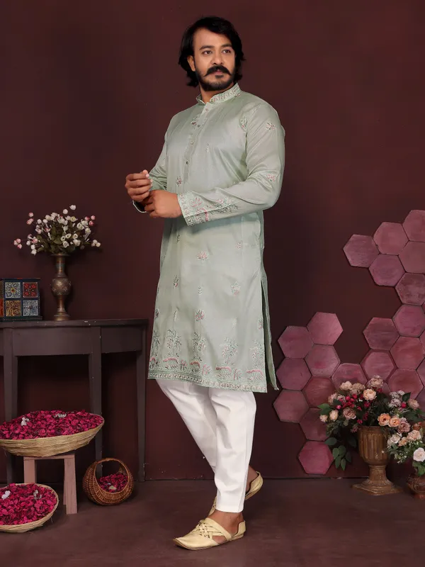 mint_green-_Star_Silk_Straight_Embroidered_Kurta_For_Men