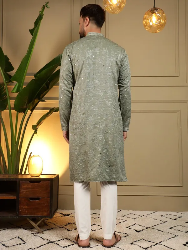 mint_green-_Star_Silk_Straight_Embroidered_Kurta_For_Men