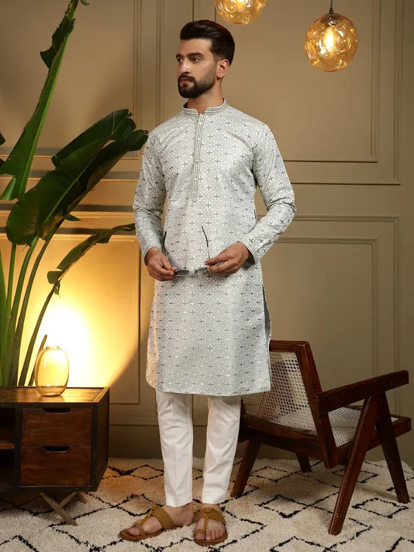 mint_green-_Star_Silk_Straight_Embroidered_Kurta_For_Men