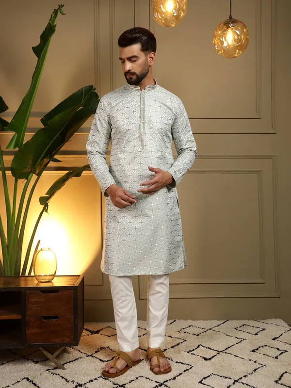 mint_green-_Star_Silk_Straight_Embroidered_Kurta_For_Men