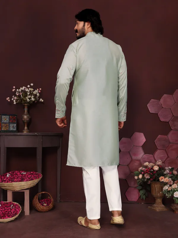 mint_green-_Star_Silk_Straight_Embroidered_Kurta_For_Men