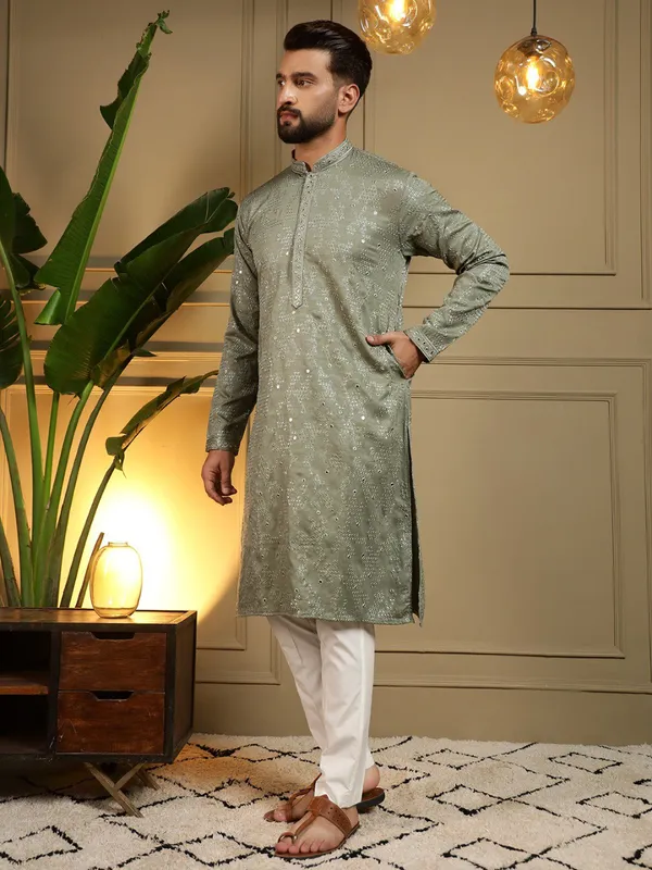 mint_green-_Star_Silk_Straight_Embroidered_Kurta_For_Men