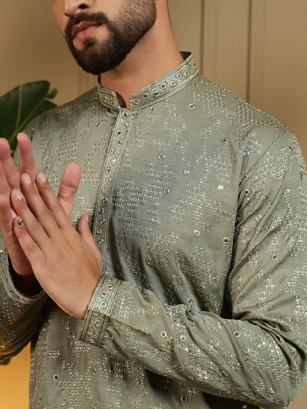 mint_green-_Star_Silk_Straight_Embroidered_Kurta_For_Men