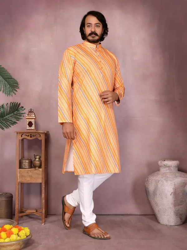 mustard_orange-_Star_Silk_Straight_Embroidered_Kurta_For_Men