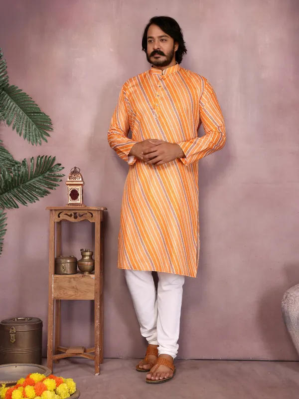 mustard_orange-_Star_Silk_Straight_Embroidered_Kurta_For_Men
