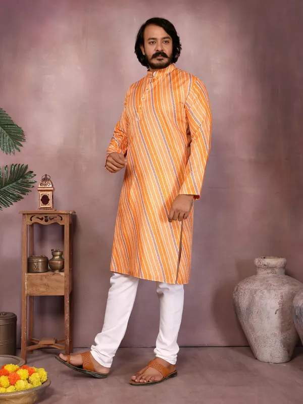 mustard_orange-_Star_Silk_Straight_Embroidered_Kurta_For_Men