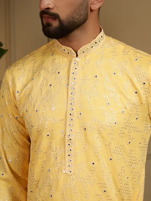mustard_yellow-_Star_Silk_Straight_Embroidered_Kurta_For_Men