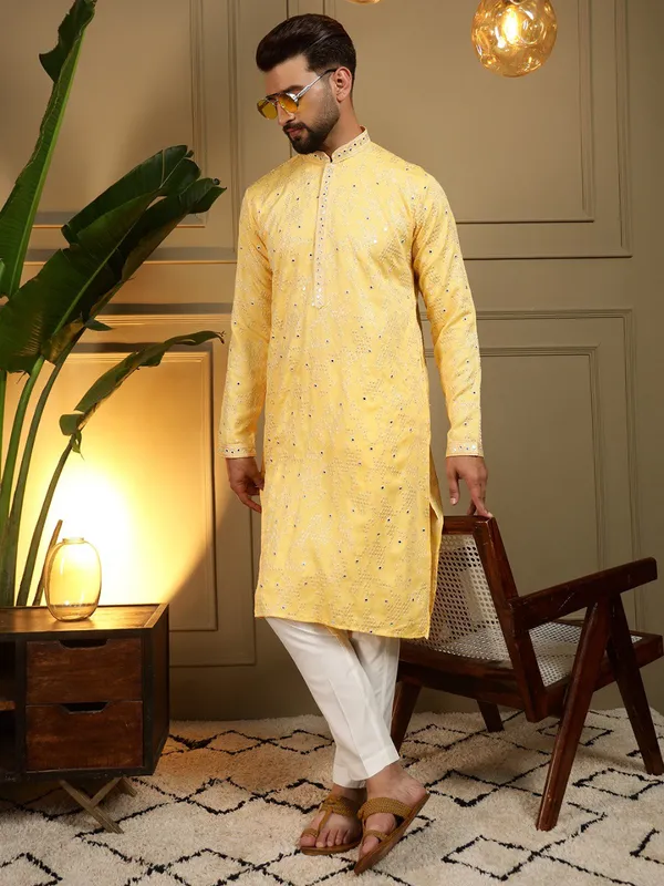 mustard_yellow-_Star_Silk_Straight_Embroidered_Kurta_For_Men