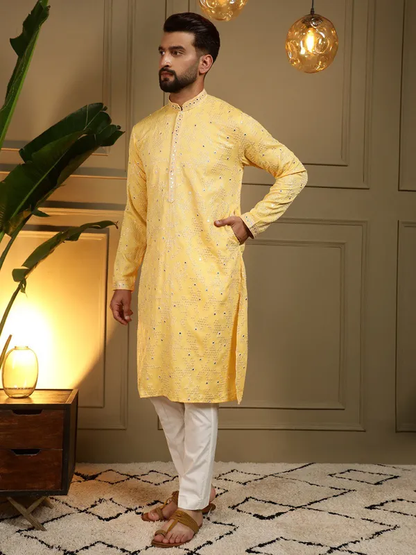 mustard_yellow-_Star_Silk_Straight_Embroidered_Kurta_For_Men