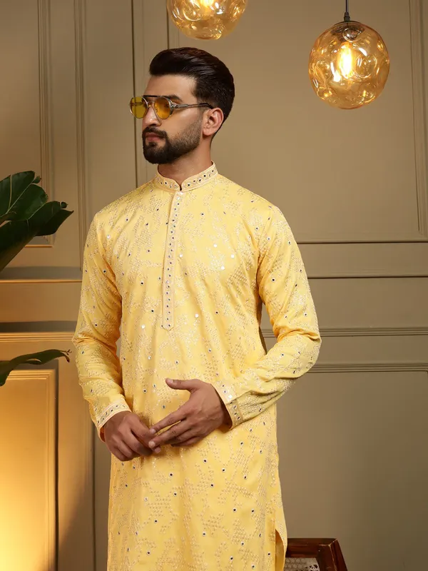 mustard_yellow-_Star_Silk_Straight_Embroidered_Kurta_For_Men
