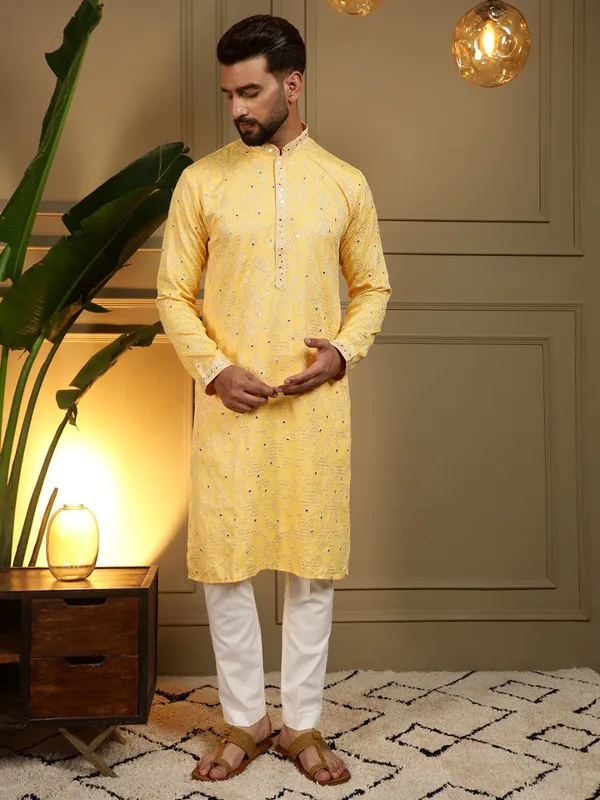 mustard_yellow-_Star_Silk_Straight_Embroidered_Kurta_For_Men