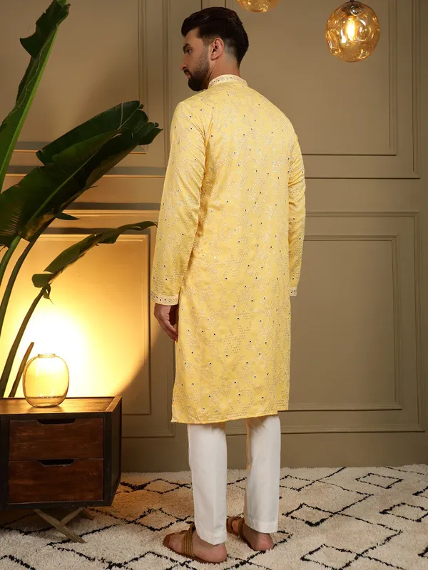 mustard_yellow-_Star_Silk_Straight_Embroidered_Kurta_For_Men