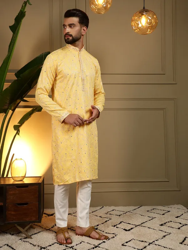 mustard_yellow-_Star_Silk_Straight_Embroidered_Kurta_For_Men