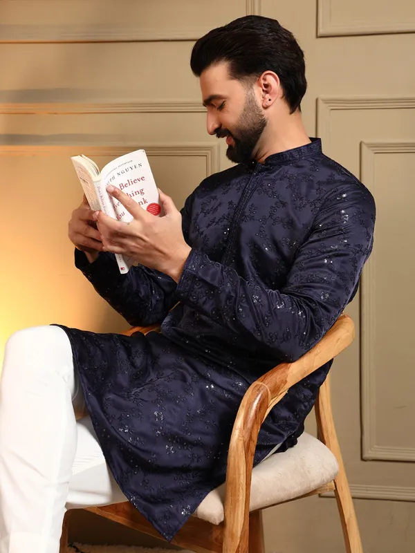 navy_blue-_Star_Silk_Straight_Embroidered_Kurta_For_Men