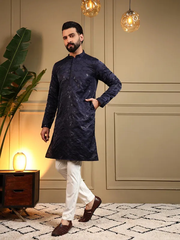 navy_blue-_Star_Silk_Straight_Embroidered_Kurta_For_Men