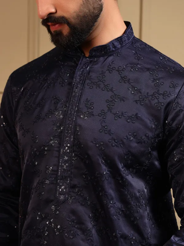 navy_blue-_Star_Silk_Straight_Embroidered_Kurta_For_Men