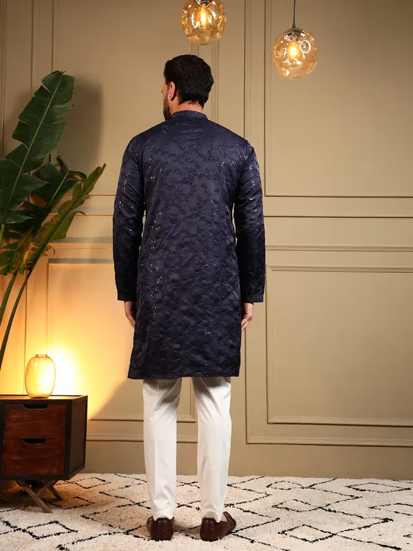 navy_blue-_Star_Silk_Straight_Embroidered_Kurta_For_Men