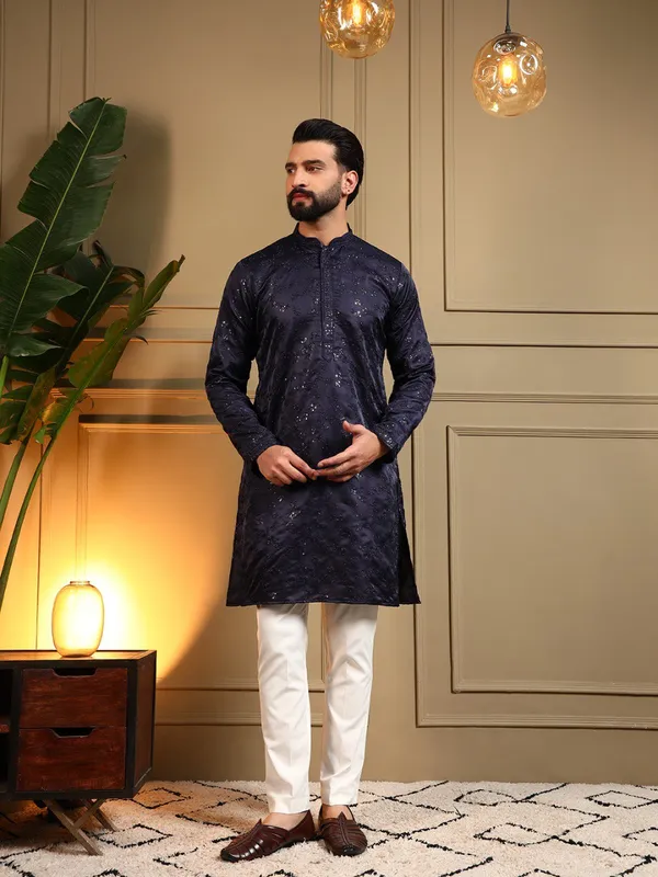 navy_blue-_Star_Silk_Straight_Embroidered_Kurta_For_Men