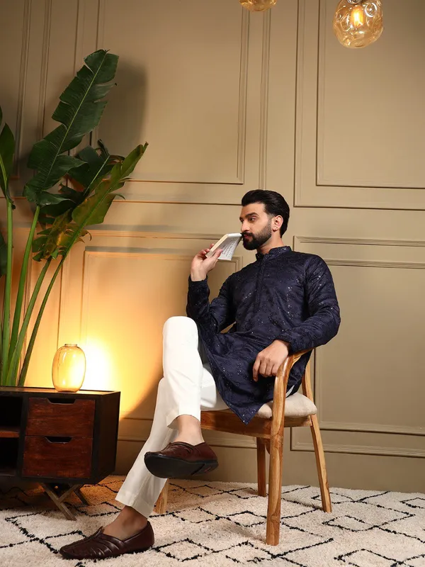 navy_blue-_Star_Silk_Straight_Embroidered_Kurta_For_Men