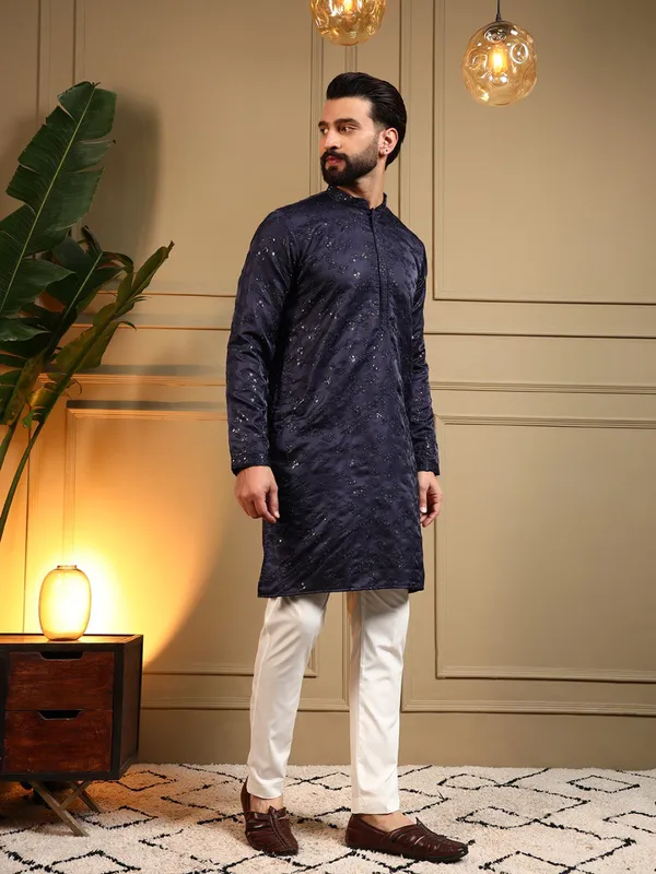 navy_blue-_Star_Silk_Straight_Embroidered_Kurta_For_Men