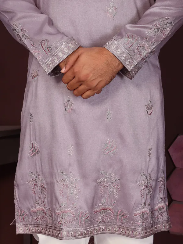 pastel_lavender-_Star_Silk_Straight_Embroidered_Kurta_For_Men