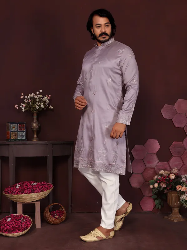 pastel_lavender-_Star_Silk_Straight_Embroidered_Kurta_For_Men