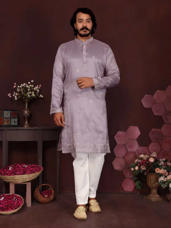 pastel_lavender-_Star_Silk_Straight_Embroidered_Kurta_For_Men