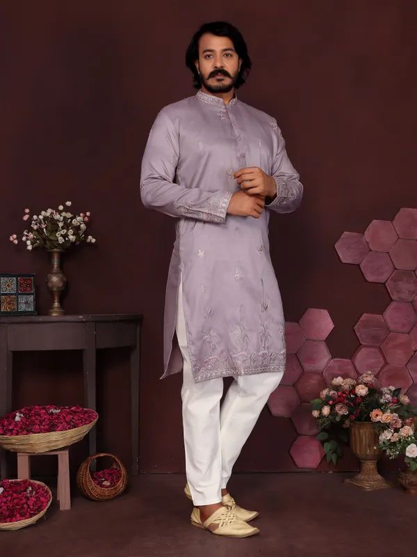 pastel_lavender-_Star_Silk_Straight_Embroidered_Kurta_For_Men
