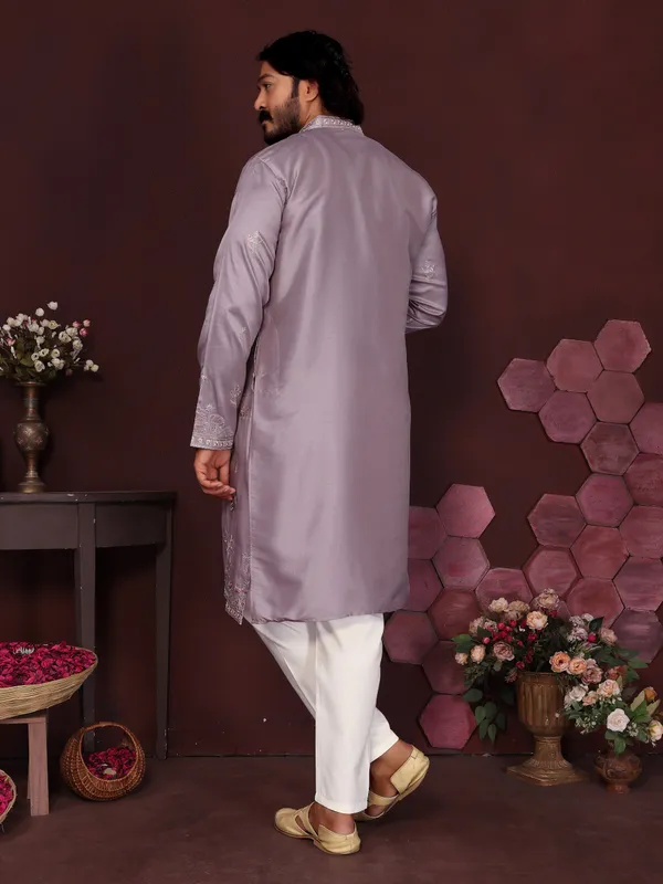 pastel_lavender-_Star_Silk_Straight_Embroidered_Kurta_For_Men