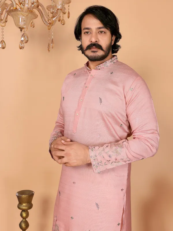 peach-_Star_Silk_Straight_Embroidered_Kurta_For_Men
