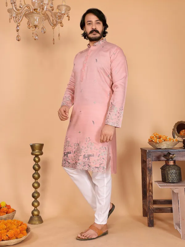 peach-_Star_Silk_Straight_Embroidered_Kurta_For_Men