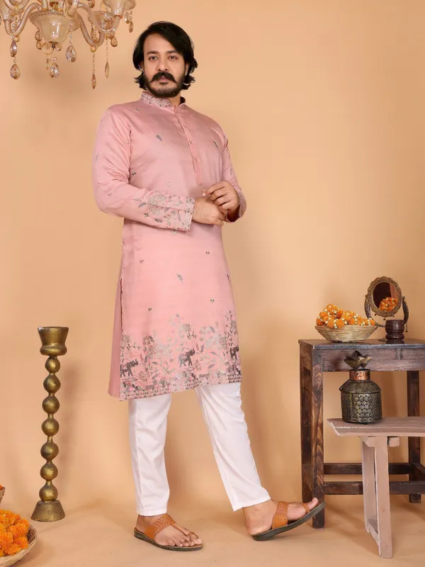 peach-_Star_Silk_Straight_Embroidered_Kurta_For_Men