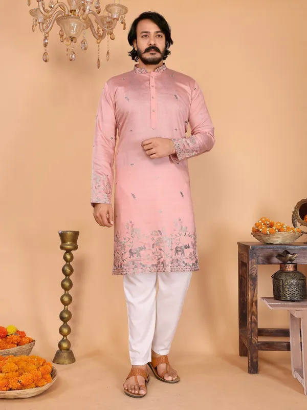 peach-_Star_Silk_Straight_Embroidered_Kurta_For_Men