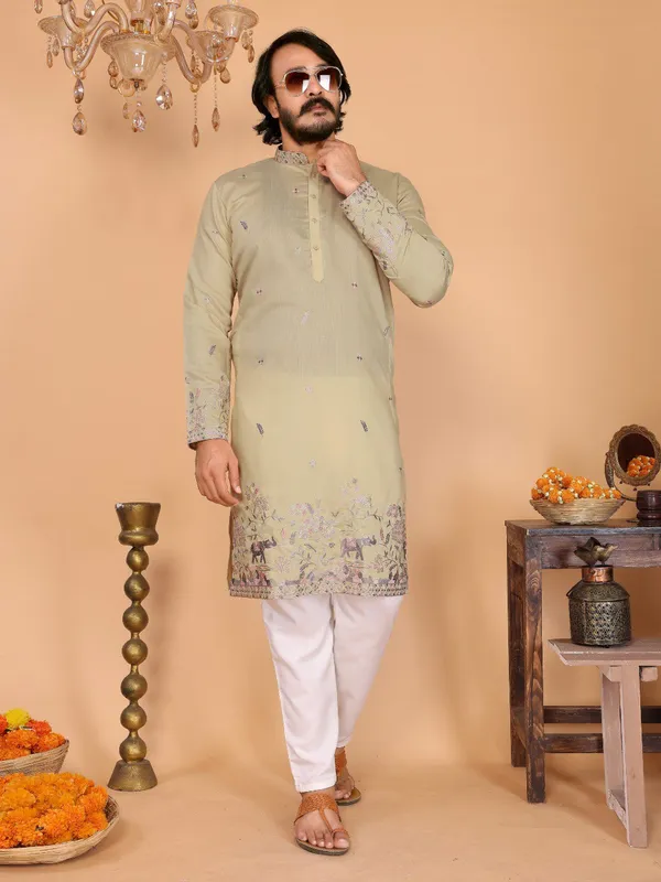 pista_green-_Star_Silk_Straight_Embroidered_Kurta_For_Men