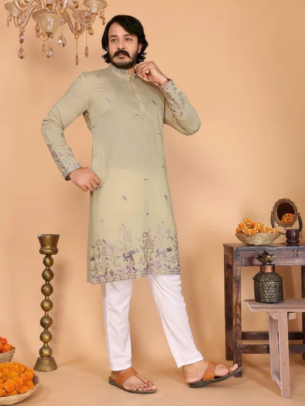 pista_green-_Star_Silk_Straight_Embroidered_Kurta_For_Men
