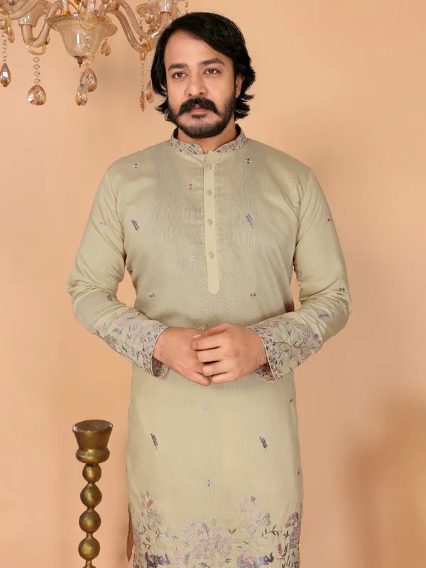 pista_green-_Star_Silk_Straight_Embroidered_Kurta_For_Men
