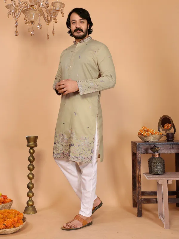 pista_green-_Star_Silk_Straight_Embroidered_Kurta_For_Men