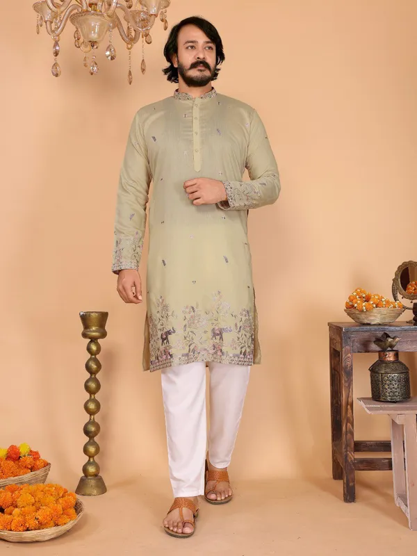 pista_green-_Star_Silk_Straight_Embroidered_Kurta_For_Men