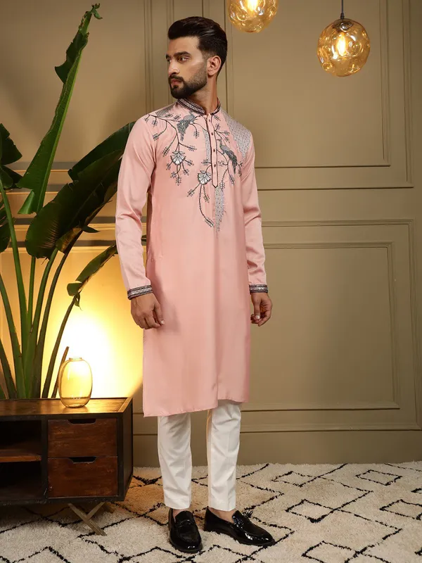 pistell_pink-_Star_Silk_Straight_Embroidered_Kurta_For_Men