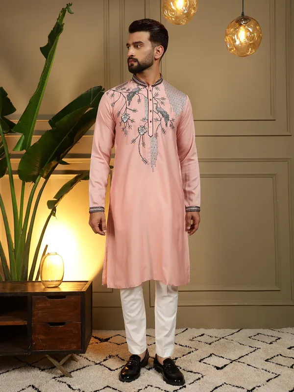 pistell_pink-_Star_Silk_Straight_Embroidered_Kurta_For_Men